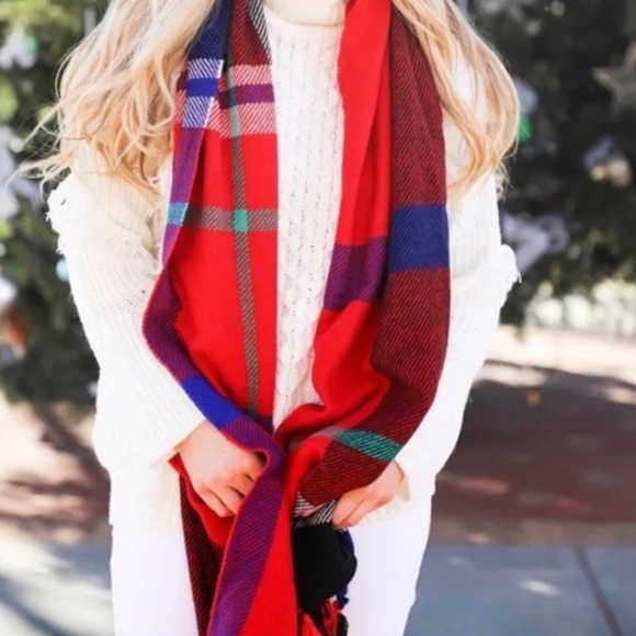 J.Crew Oversized Plaid Wool Scarf w/ Tassels – Red Multi – 78" x 25.5" - Picture 2 of 5